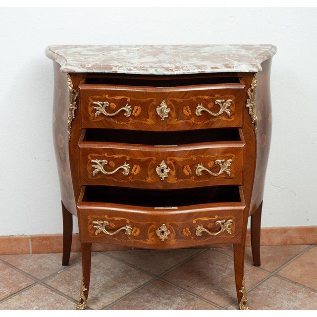 Antique Napoleon III Chest of Drawers in Polychrome Wood with Marble Top, France, 19th Century For Sale - Image 3 of 7