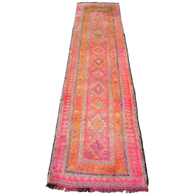 Textile Hand-Knotted Turkish Kurdish Rug Pink Runner. High Pile Tribal Short Runner 2′8″ × 10′2″ For Sale - Image 7 of 12