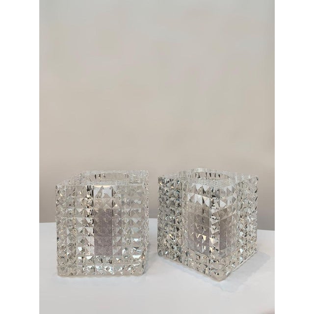 Glass Veritas Faceted Optical Glass Square Vases, 2016, Set of 2 For Sale - Image 7 of 10