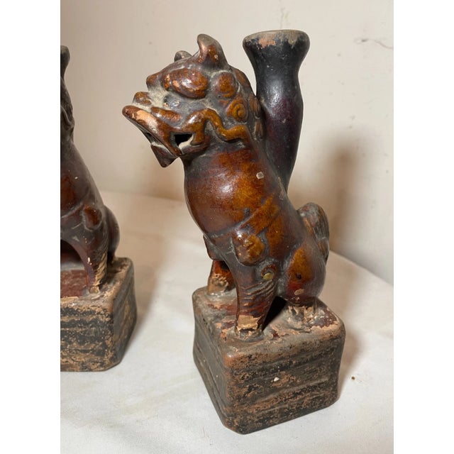 Bronze Antique Handmade Late Ming Dynasty 1600's Pottery Foo Lion Oil Lamps Sculptures For Sale - Image 8 of 13