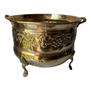 Vintage Brass Footed Planter With Handles Embossing Grape Motif For Sale