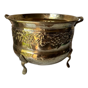 Vintage Brass Footed Planter With Handles Embossing Grape Motif