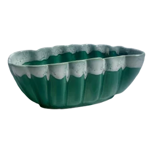 Vintage U P C O Ruffled Glazed Green & White Pottery Container