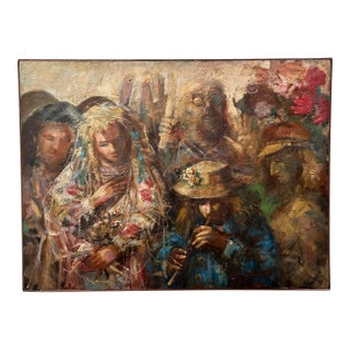 1970s Jonah Kinigstein - Abstract Impressionist Oil on Board - Flower Children Wedding For Sale