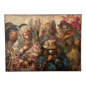 1970s Jonah Kinigstein - Abstract Impressionist Oil on Board - Flower Children Wedding