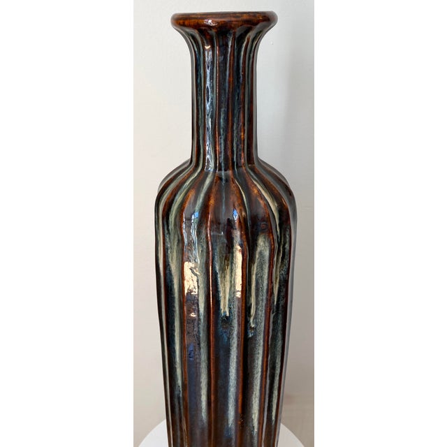 Monumental Mid-Century Modern Ribbed Ceramic Floor Vase With Drip Glaze For Sale - Image 9 of 11