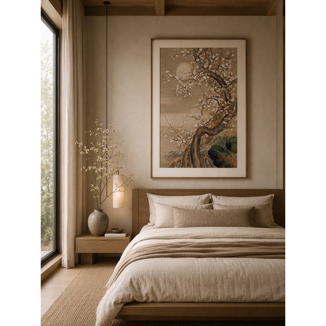 Paper Japanese Plum Blossoms in Moonlight by Sō Shizan, Japanese Art, 16" X 24" For Sale - Image 7 of 10