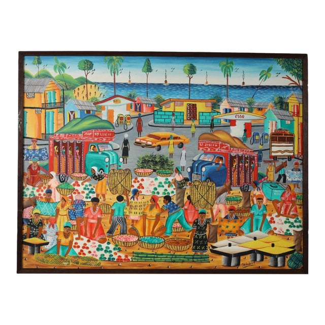 Jeanty J N Robert Vintage Haitian Painting on Board of a Village Scene For Sale