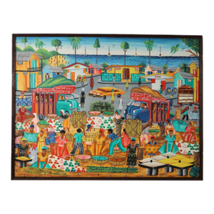 Jeanty J N Robert Vintage Haitian Painting on Board of a Village Scene