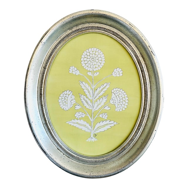 Large Hand-Painted Green & White Abstract Floral Motif Painting, Framed For Sale