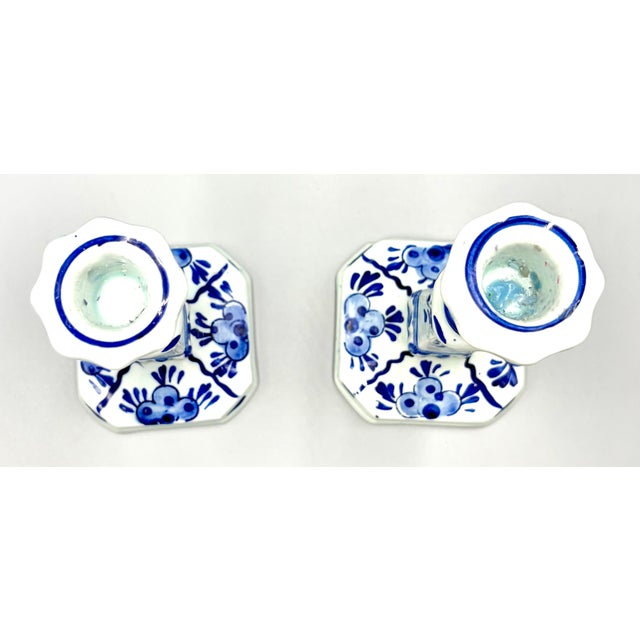 Vintage Dutch Delft Hand Painted Faience Candlesticks - A Pair For Sale - Image 4 of 10