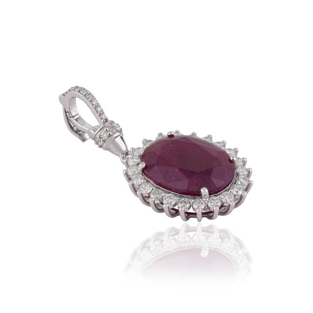 Not Yet Made - Made To Order 8.69Ct Oval Cut Ruby & Diamond Halo Contemporary Pendant in 14k White Gold For Sale - Image 5 of 14