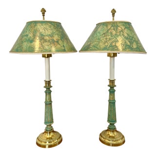 Mid 20th Century Green Empire Style Stiffel Brass Column Table Lamps, a Pair For Sale