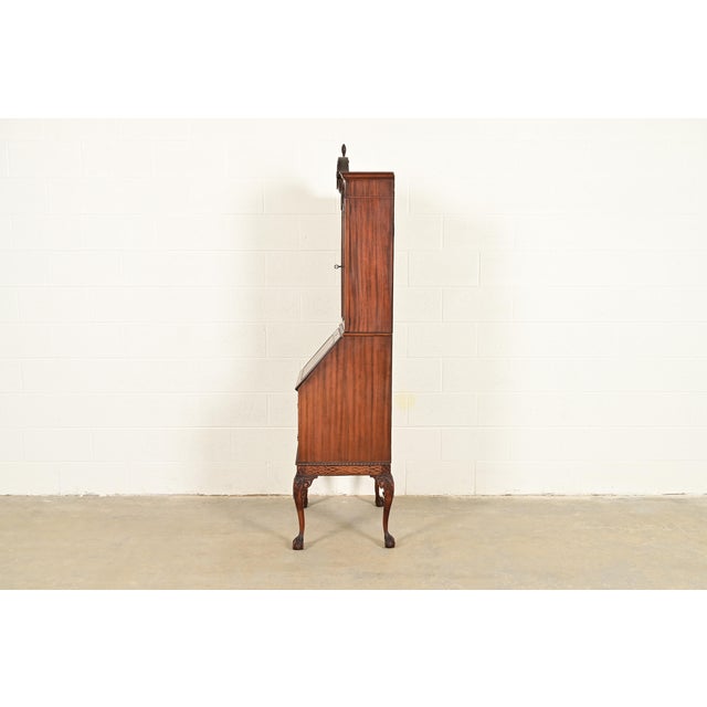 Chippendale Flame Mahogany Drop Front Secretary Desk With Bookcase Hutch by Saginaw Furniture, Circa 1920s For Sale - Image 16 of 18