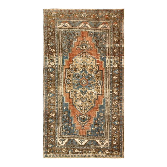 Antique Turkish Colorful Oushak Gallery Rug in Blue Brown & Terra-Cotta For Sale