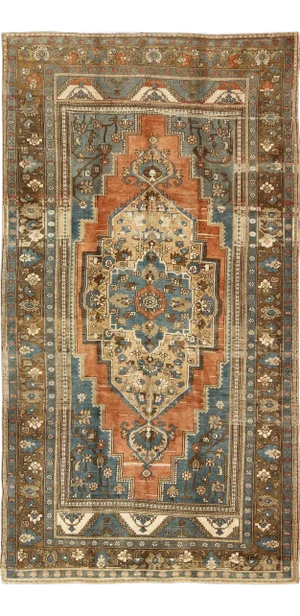 Antique Turkish Colorful Oushak Gallery Rug in Blue Brown & Terra-Cotta