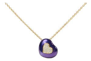 18K Yellow Gold Blue Enamel 1/10 Cttw Round Pave Diamonds Heart Shape 18" Pendant Necklace (G-H Colo