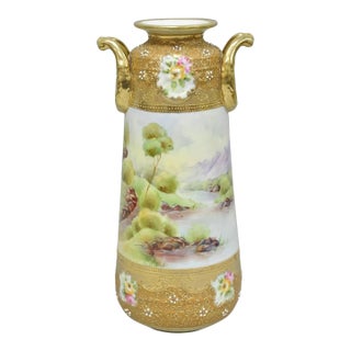 Antique Nippon Hand Painted Lake Scene Art Nouveau Twin Handle Porcelain Vase For Sale