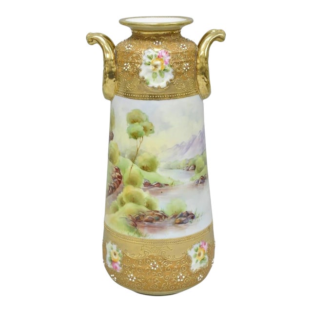 Antique Nippon Hand Painted Lake Scene Art Nouveau Twin Handle Porcelain Vase For Sale