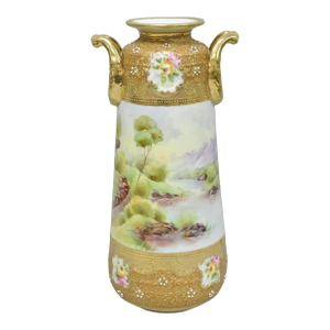 Antique Nippon Hand Painted Lake Scene Art Nouveau Twin Handle Porcelain Vase