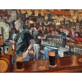 Slow Pour by Jim Beckner | Oil Painting of a busy bar scene with patrons and bartenders For Sale