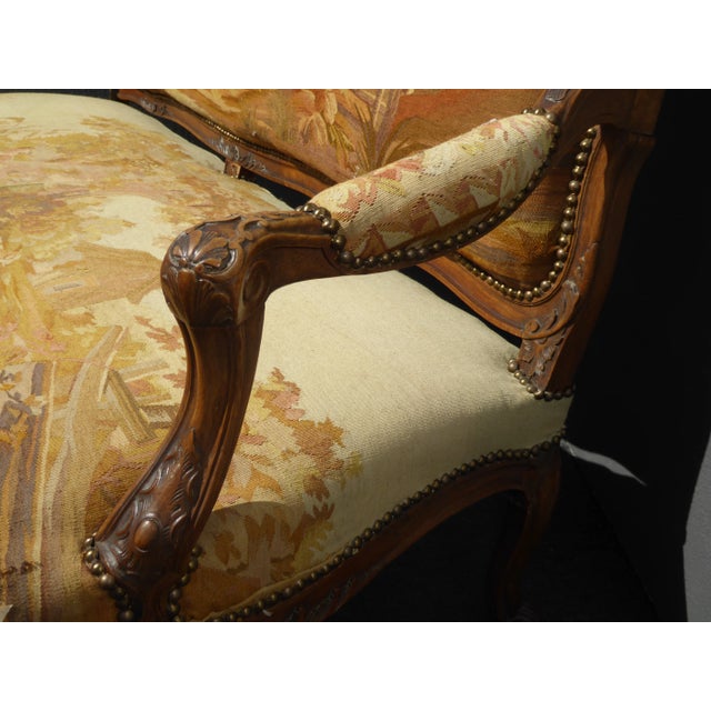 Antique French Louis XV Walnut Gold Tapestry Settee Canape "Country Setting" For Sale - Image 11 of 13