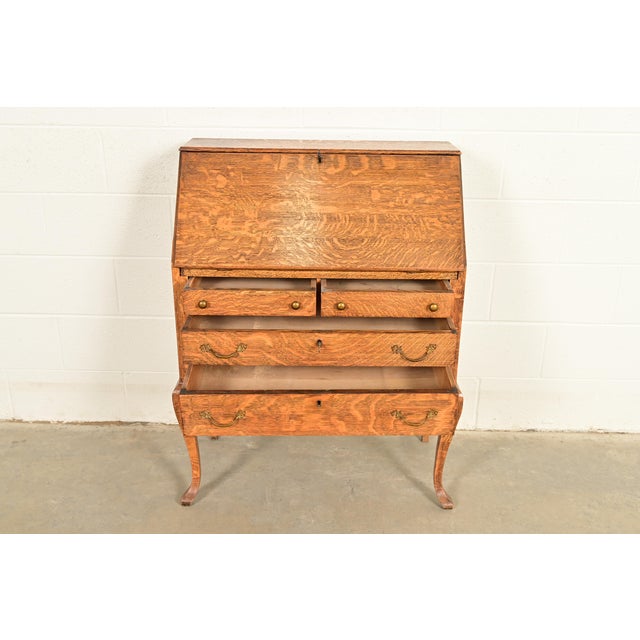 Early 20th Century Berkey & Gay Style Antique Victorian Tiger Oak Slant Front Secretary Desk, Circa 1900 For Sale - Image 5 of 14