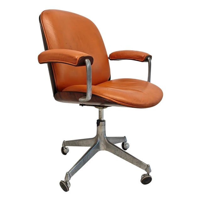 MIM Executive Chair with Wheels in Cognac Leather and Wood, 1970s For Sale