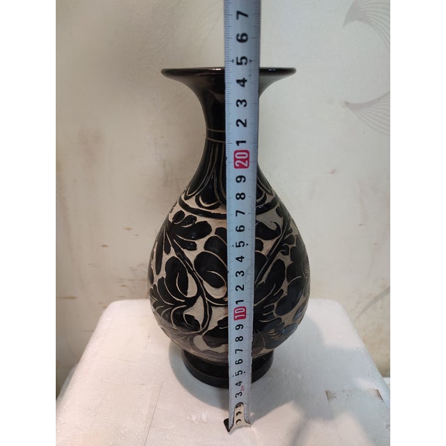 Chinese Ceramic Vase Cizhou Ware Black Glaze Porcelain Yuhuchun Vase Hand Carved Flowers Pattern For Sale - Image 11 of 11