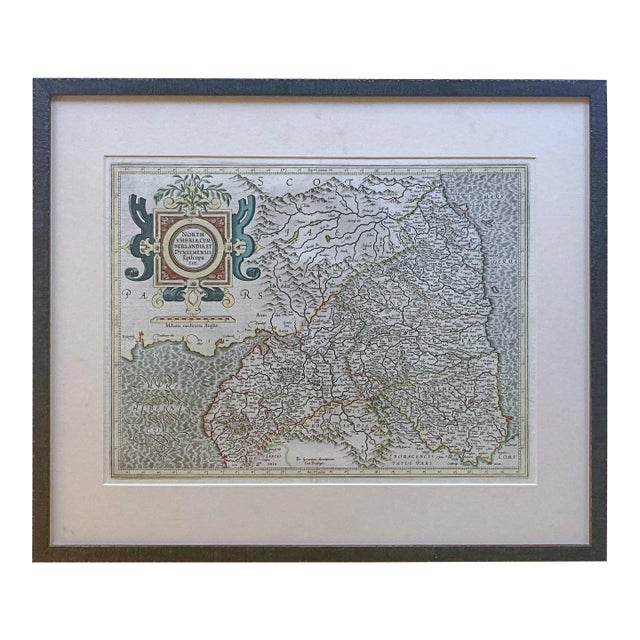 Decorative Early Hand-Colored Map of the Northumbria, Cumberlandia With Frame For Sale