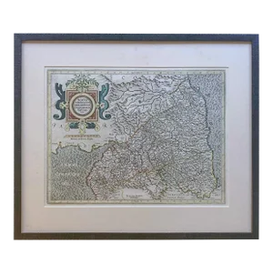 Decorative Early Hand-Colored Map of the Northumbria, Cumberlandia With Frame