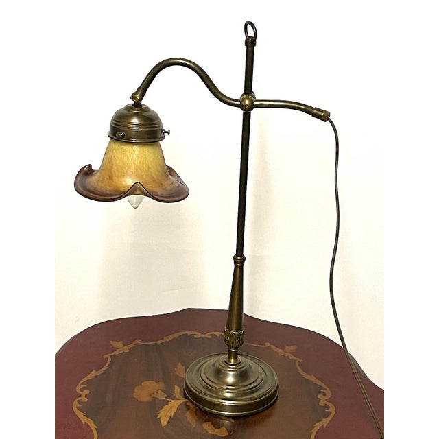 Antique Brass Table Lamp with Pate De Verre Glass Shade from Unbekannt, 1920s, in Very Good conditions. Designed 1920 to...