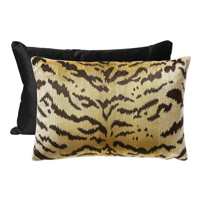 The House of Scalamandré Tigre Silk/Indus Lumbar Pillow, Ivory, Gold & Black For Sale