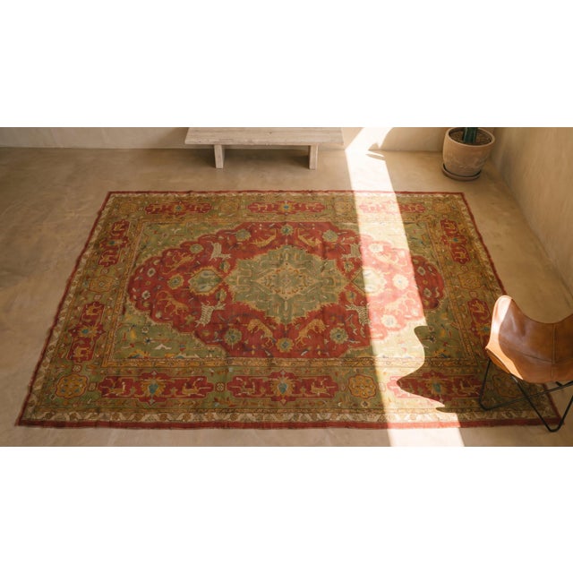 Red 1900s Green Red Animalistic Antique Turkish Oushak Rug 11' 8"x 16' 3" Handknotted Wool Carpet For Sale - Image 8 of 10