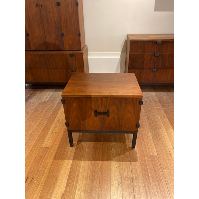 Milo Baughman Nightstand / Side table features two door which has a unique black metal latch, four black metal hinging...