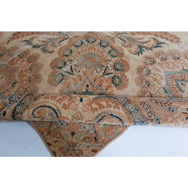 Early 20th Century Antique Botanic Persian Kirman Beige, Brown, Blue Handmade Wool Rug For Sale - Image 5 of 9