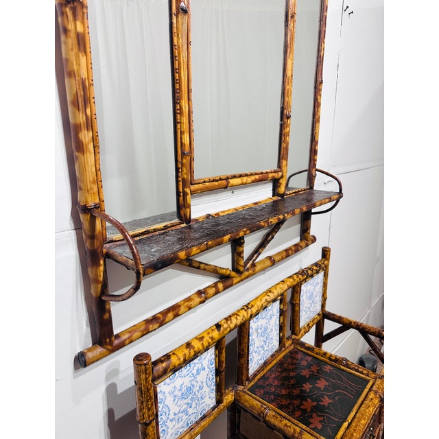 Brown Antique English Aesthetic Era Scorched Bamboo Hall Tree Mirror & Table Set For Sale - Image 8 of 10