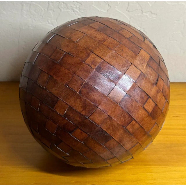 Contemporary Vintage Large Basket Weave Leather Clad Wood Decorative Ball Sphere Orb For Sale - Image 3 of 12