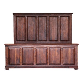 Modern Solid Wood Panel King Bed in Dark Walnut Finish For Sale