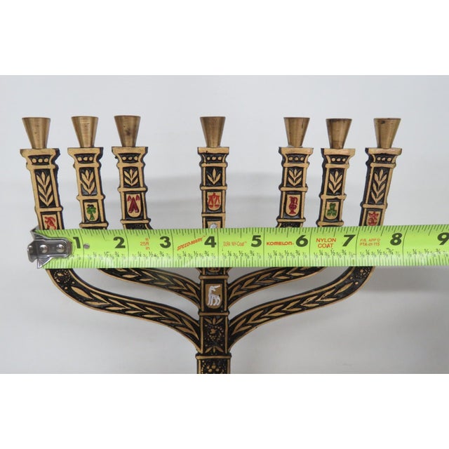 Metal Jerusalem Seven Branch Brass Menorah Enamel Shields 12 Tribes of Israel 4504b For Sale - Image 7 of 14