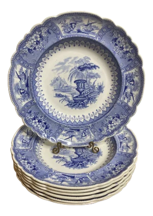 Antique Staffordshire Blue and White Soup Bowls/Plates - Set of 7