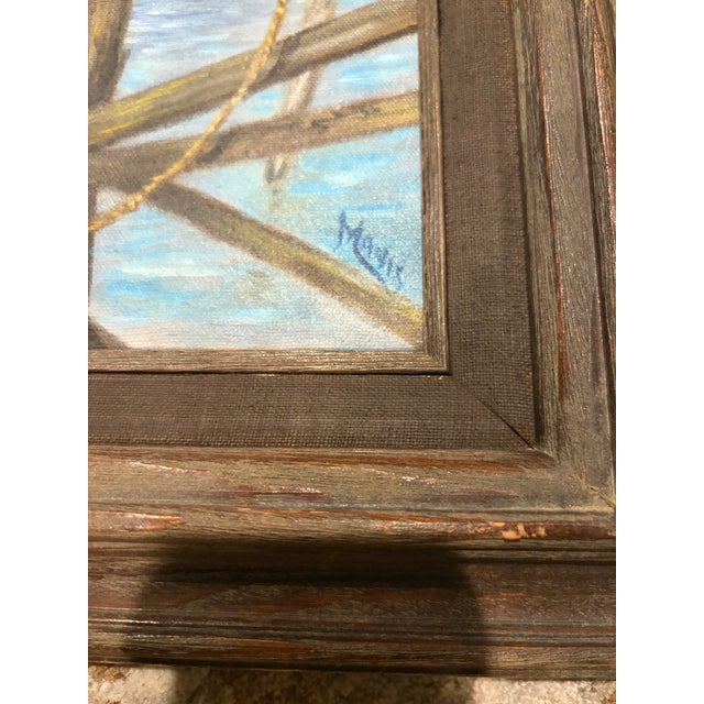 1970s 1970s Original Nautical Ocean Oil Painting - Seagulls & Sea Pier Pilings in Wood Frame For Sale - Image 5 of 11