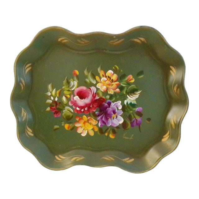 Large Mid-Century Nasco Products Dark Green Floral Tole Painted Metal Tray For Sale