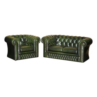 Vintage Bottle Green Tufted Leather Chesterfield Sofa and Armchair, 1970s, Set of 2 For Sale