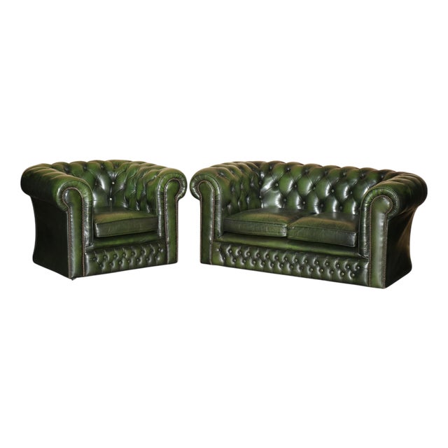 Vintage Bottle Green Tufted Leather Chesterfield Sofa and Armchair, 1970s, Set of 2 For Sale