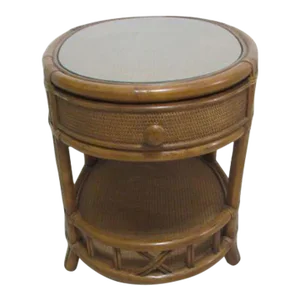 1980s Rattan Bamboo Oval End Table Glass Top Two Tier One Drawer
