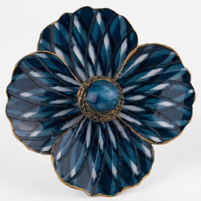 Contemporary Cilea Paris Petroleum Blue Resin Brooch Giant Flower For Sale - Image 3 of 10