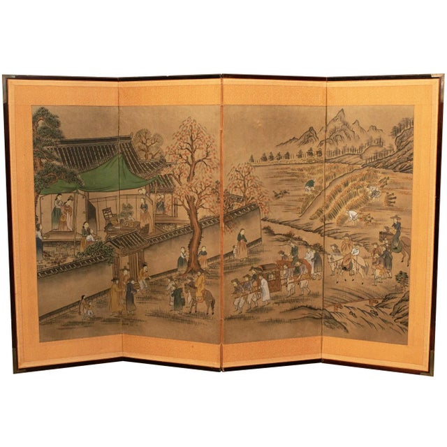 Vintage 4-panel screen depicting landscape with people, mountains, trees, field and building. Detailed. Gouache,...