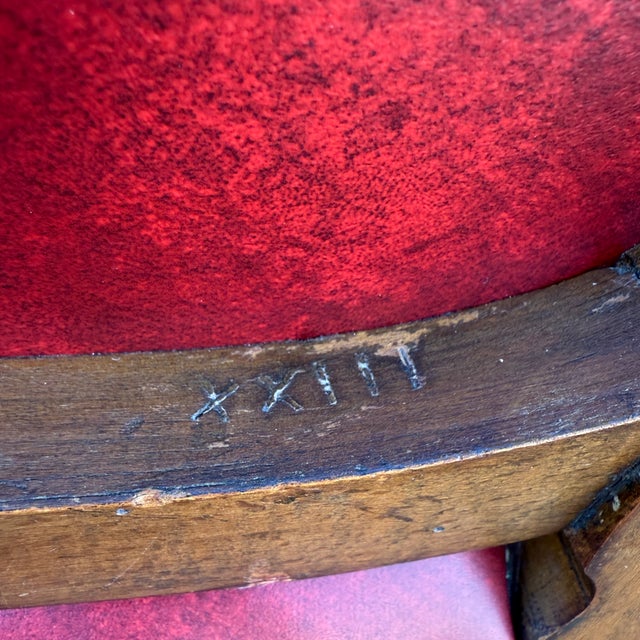 Mid 20th Century Tacked Red Vinyl & Fruitwood French Louis XV Fauteuil Dining Chairs - Set of 3 For Sale - Image 12 of 17