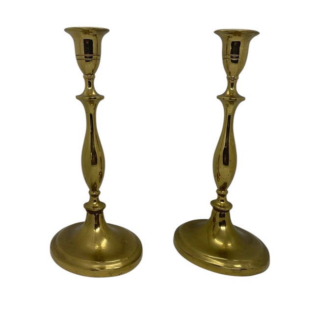 Beautiful Antique Regency-Style Solid Brass Candleholders - 10 1/4” Height, 5 1/2” Oval Bases - A Stunning Pair Illuminate...